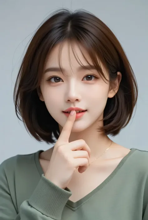 ((Extend the index finger of your right hand and attach it to the center of her lips),(front view),(8K Ultra HD、RAW PHOTO VOLUME UNVOLUME 、 model photo shoot、masterpiece, best quality , photoGenuineistic, Kampala , PHOTO VOLUME UNVOLUME : 1.3), concen...