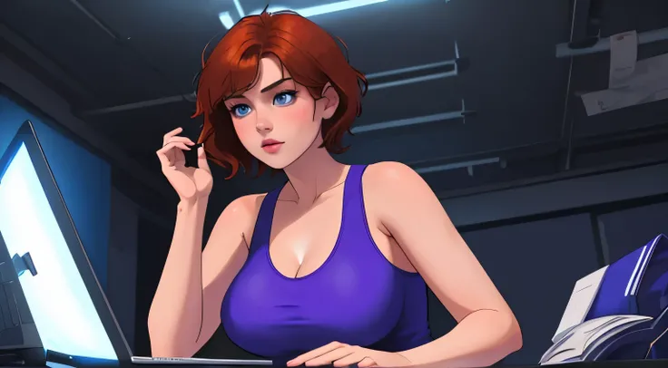 A Young girl short auburn hair with big breasts wearing a lush purple tank top, sitting at a desk at night, illuminated by the glow of a laptop screen. She is typing on the keyboard with a focused expression, her blue eyes reflecting the light from the scr...