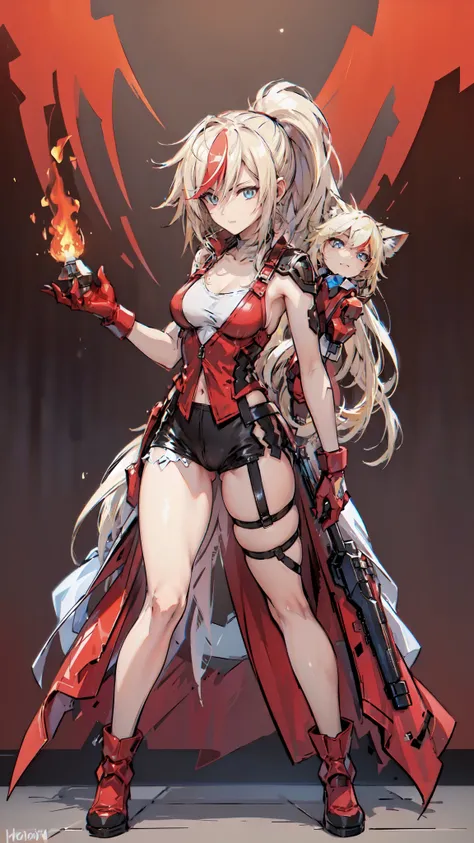 (masterpiece, best quality:1.2), red glowing eyes, red eyes, the eyes are red, perfect face, strong make up, highres, 1 girl, ultra long ponytail, (female:1.5), strife, blonde hair streaked with lots of red highlights, two colors hair (blond and red), high...