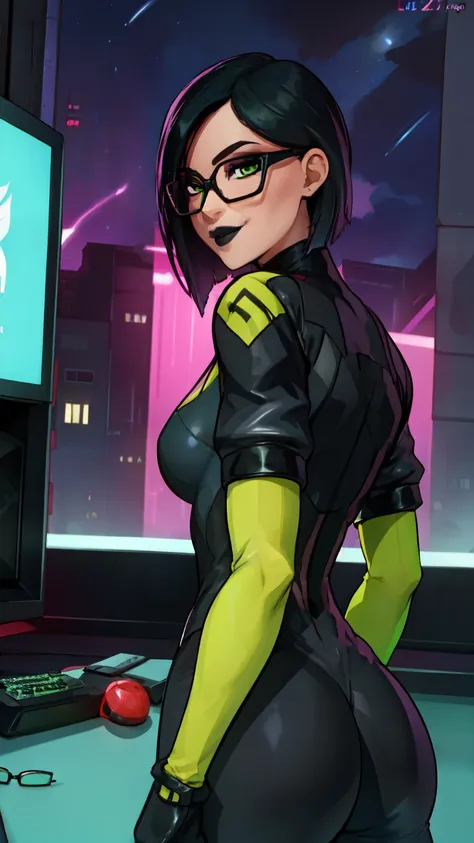 1 girl,black lips,Night, sky with stars , evening, , Night,(masterpiece) Dark sky,(Best Quality) led light, gaming zone,(Alone),Green tight suit, green eyes, short black hair, glasses, looking back , smile, high detailed,extremely detailed,glasses