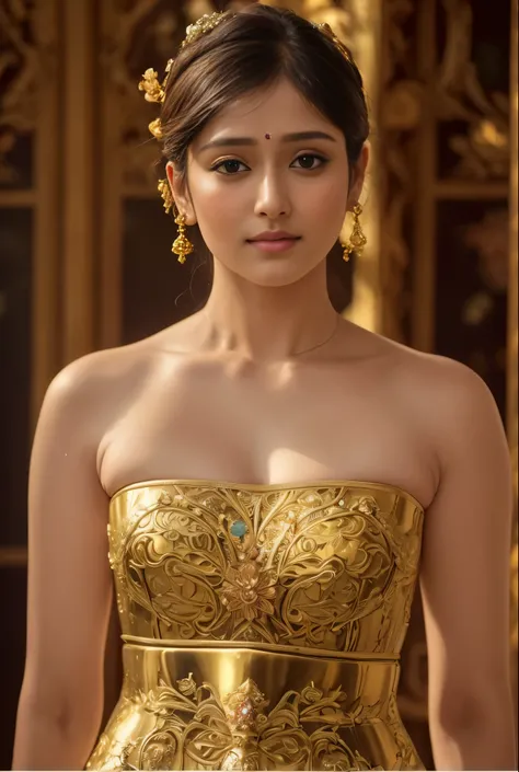 Face mix of Anushka Shetty and Nayanthara, a masterpiece ultrarealistic ultradetailed portrait of a beautiful girl in incredible goledn armor. baroque renaissance. in forest. medium shot, intricate, elegant, highly detailed. trending on artstation, digital...