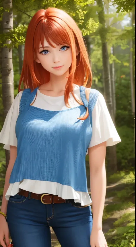 masterpiece, best quality, ultra-detailed, Bloom, milf, mature face, tall, thick, orange hair, blue eyes, bangs, long hair, Casual Outfit, croptop, blue tshirt, yellow short sleeves, skinny jeans, pants, standing, smile, in the forest, cowboy shot, realist...