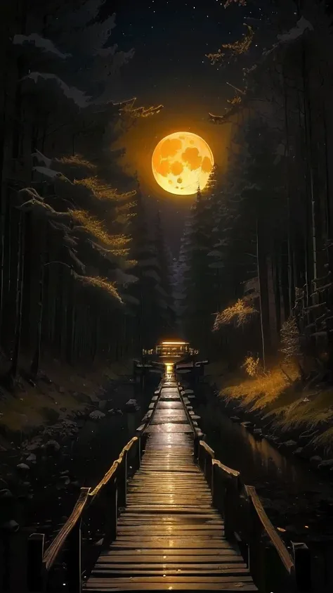 a wooden bridge leading to a full moon in the sky, walking towards the full moon, forest and moon, the glow of the moonlight, an image of a moonlit forest, beautiful moonlight night, moonlit forest, nighttime nature landscape, stunning moonlight and shadow...