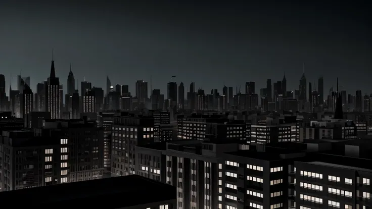 n cinematic 3D cartoon style images” film noir city roof top, stylistic, dark black and while with a hint of muted color, 1930a style, no people.
