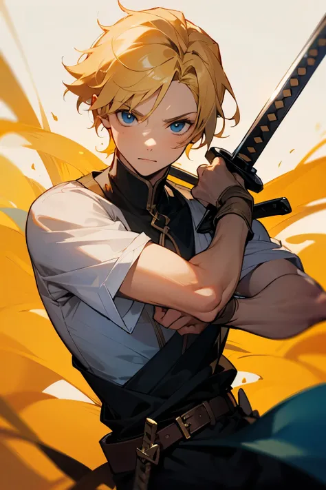 Boy blonde hair, holding sword, 