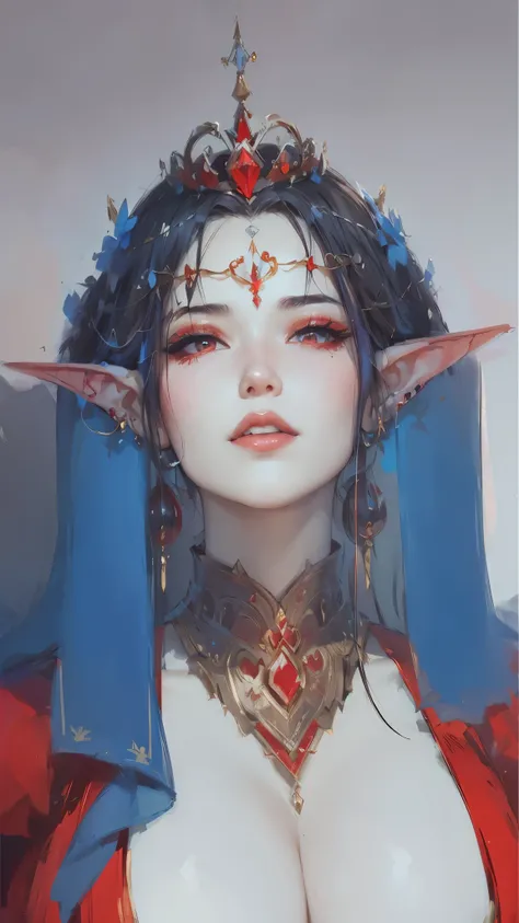 painting of a woman with a red and blue dress and a crown, inspired by rossdraws, :: rossdraws, rossdraws 1. 0, wlop rossdraws, rossdraws portrait, rossdraws 2. 0, rossdraws sakimimichan, wlop and rossdraws, artgerm and rossdraws, portrait of an elf queen,...