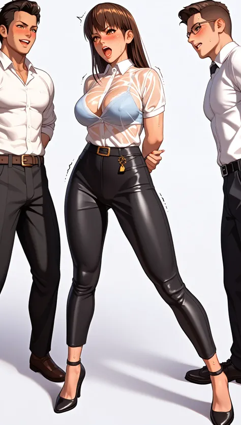 LeiFangDOA, gasp, 1 girl and 2 male, standing, {{{open legs}}}, {{backing away}}, {{{{{a male’s face between legs}}}}}, glossy black pants, a see through white business shirt, arms behind back, {{arching the body backward}}, {{{swayback stance}}}, office l...