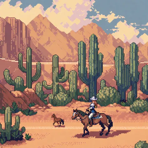 (masterpiece, best quality:1.2), pixel art,landspace,desert, cactus, bushes, wildlife, animals, cowboy riding horses