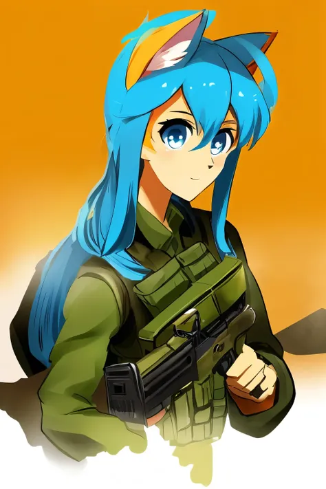 An anime-style character with anthropomorphic features, featuring an anthropomorphized cat look. She has long bright blue hair and cat ears, with large, expressive eyes in shades of yellow and orange. The character is dressed in a green military uniform, i...