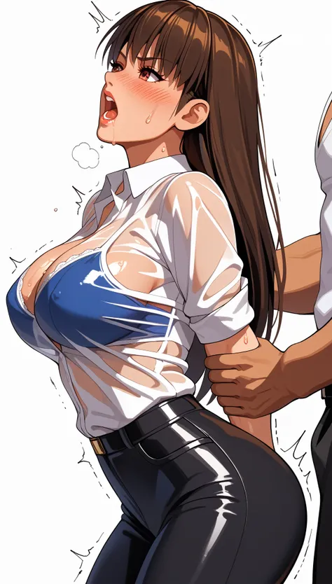 LeiFangDOA, gasp, 1 girl and 2 male, standing, {{{open legs}}}, {{backing away}}, grabbing girl’s arm from behind, {{{{{a male’s face between legs}}}}}, glossy black pants, a see through white business shirt, arms behind back, {{arching the body backward}}...