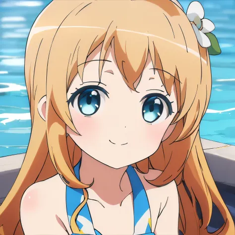 ((masterpiece)), ((best quality)), (ultra-detailed), pool, a cute girl, 1girl, solo, bikini, ((beautiful eyes)), smile,