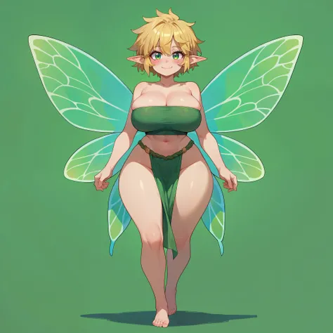 1girl, solo, short messy blonde hair, green eyes, pointy ears, fairy wings, big breasts, wide hips, thighs, green tube top, green loincloth, barefoot, blushed, smile, standing, full body, looking at viewer, simple background, from the front view