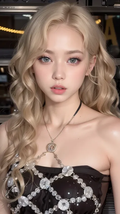 a blonde girl with sunglasses and a choker on her head, , roseanne park of blackpink,  with long hair and piercing eyes , Long blonde hair and big eyes,   Pale porcelain white skin ,  blonde hair and big eyes, Anime girl in real life, !!,  with long blond ...