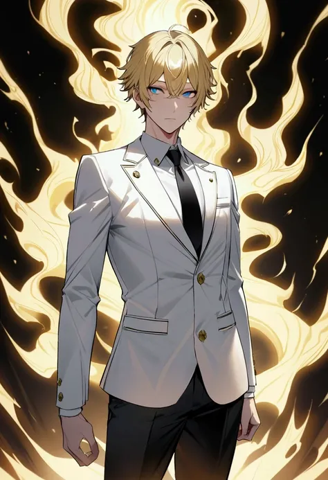 Create an image of a tall, tech-savvy 4th year male character with golden blonde hair, blue eyes, wearing a white Japanese school suit, a black tie, black pants, with an aura of power all around him, standing.