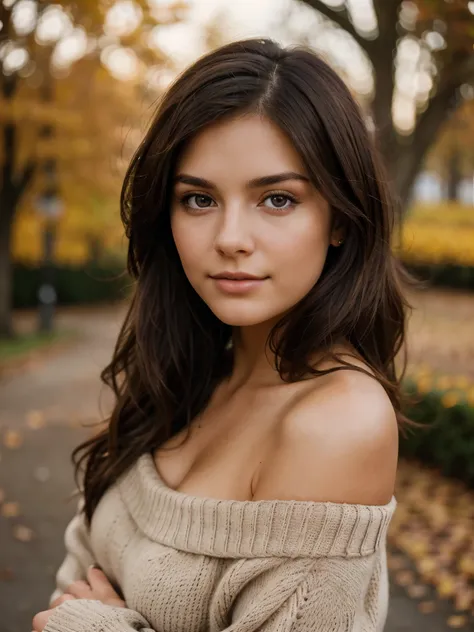 a twenty one year old young woman with dark brown hair, autum weather, wearing an off-shoulder sweater, looking at the camera, portrait photo, beautiful hair and eyes, perfect facial features, flawless skin, professional photography, professional lighting,...