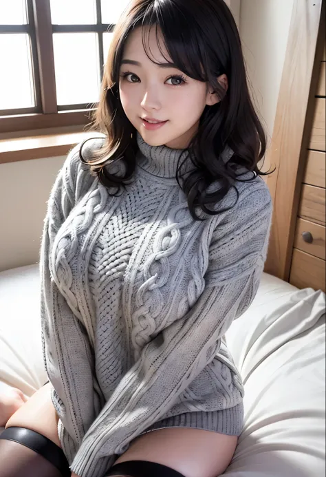 (highest quality,masterpiece:1.3,Ultra-high resolution),(Very detailed、Caustics) (Realistic:1.4, RAW shooting、)Ultra-Realistic Capture、Very detailed、Natural skin texture、masterpiece、(One Japanese girl wearing a gray long cable knit sweater and black stocki...