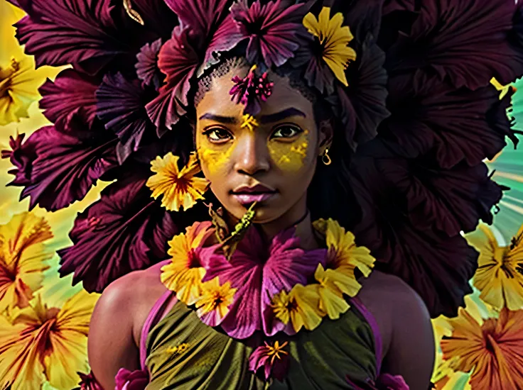 Psychedelic style, cosmic scenes, galaxies, stars, and otherworldly atmospheres.a fine art photo portrait of woman , the Ethereal Portraits, fashionable 2020s (((sfw, sexy black girl, medium breasts, black skin, slim body))afro-american girl, detailed skin...