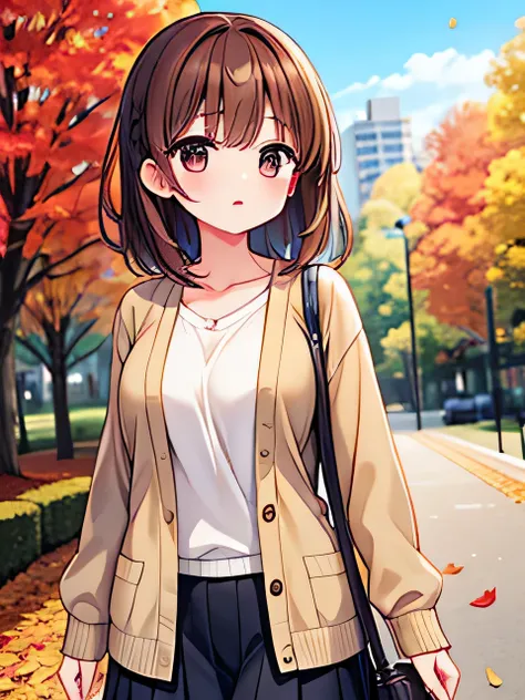  girl、Brown Hair、 cardigan、autumn leaves、Lawn-covered park