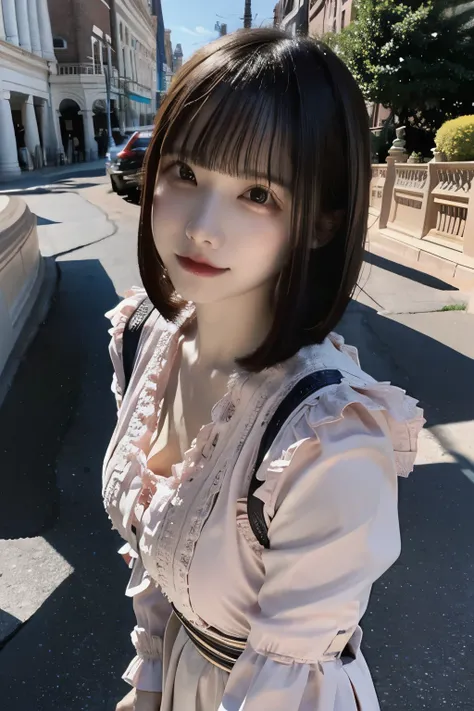 A young woman with a bob haircut wearing a white blouse, standing in front of a fence on a bright sunny day. She has a relaxed expression, gazing into the distance. The background features a clear blue sky with urban buildings and rooftops blurred softly. ...