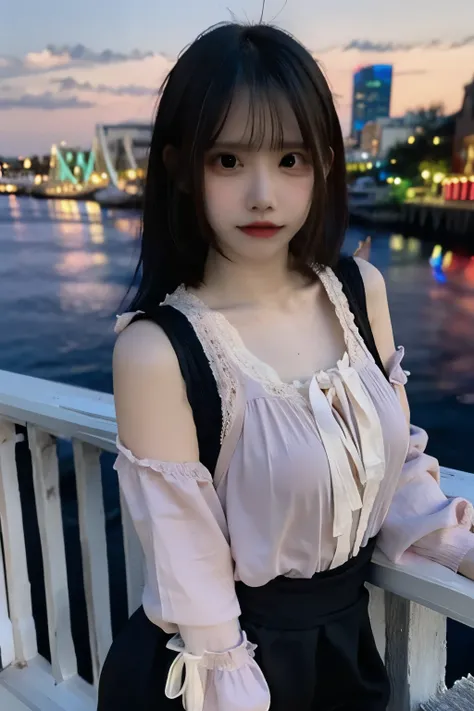 A young woman with medium-length black hair, wearing a casual white top, leaning on a railing and gazing at the camera with a slightly melancholic expression. The background features a riverside or waterfront view during sunset, with distant city lights cr...