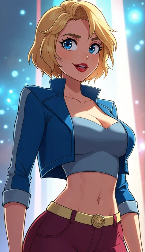 (Close up), ((Kara from DC Super Hero Girls 2019)), short blonde hair, Kara is an attractive, fair-skinned teenage Kryptonian with a muscular-yet-curvaceous figure, and short blonde hair with paler-colored streaks, cut into a messily  -styled bob cut with ...