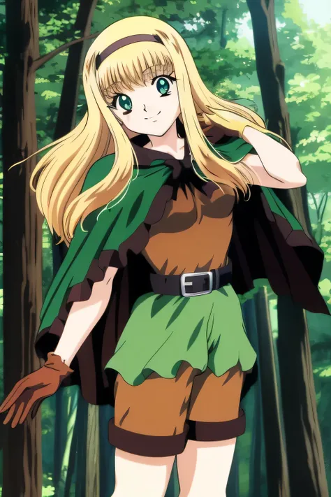 masutepiece, Best Quality, dcElf, floating hair, blond hair, blue sea eye, hoods, Brown cloak, green tunic, gloves, Belt bag, Brown shorts, Cowboy Shot, smile, forest, Looking at Viewer,Hold the bow