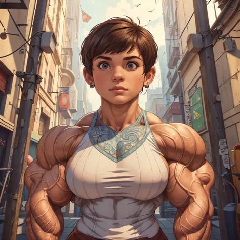 (masterpiece:1.2), (best quality), (ultra detailed), (8k, 4k, intricate),(full-body-shot:1), (highly detailed:1.2),(detailed face:1.2), (detailed background), muscle woman with short, layered pixie cut brunette hair flexing massive muscles, most muscular p...