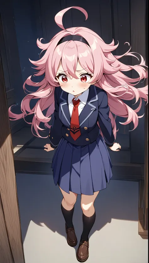 standing, cute, round eyes, worried face, pretty, , red necktie, brown shoes, small girl, indigo school uniform jacket, white school uniform shirt, floating hair, indigo school uniform skirt, very messy hair, ahoge, pink hair, spiked hair, long hair, red e...