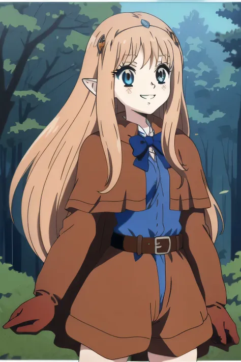 masutepiece, Best Quality, dcElf,long hair, floating hair, platinum hair, blue sea eye, elf ears, hoods, Brown cloak, blue lightly tunic, gloves, Belt bag, Brown shorts, Cowboy Shot, cute smile, forest, Looking at Viewer,Hold the bow and arrow