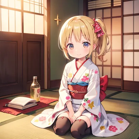  she looks so happy , Happy smile, a very sexy picture of a blond lady wearing some sexy lingerie, 1girl, alone, thighhighs, Quiet in search of the perfect sound, Traditional Japanese-style room, with tatami mats and shoji doors, soft light shines in, A wo...