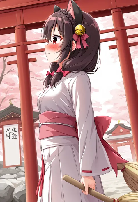 yunyun、masterpiece, best quality,  high definition ,one person, Yunyun、 Former name yunyun,  crown braid the same color as hair,  black hair、Red eyes、 hair accessory with a bell ,  hair bow , ( white and pink shrine maiden costume 、Hakama is a red )、(blush...