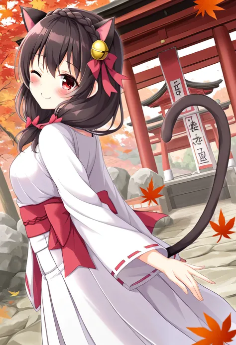 yunyun、masterpiece, best quality,  high definition ,one person, Yunyun、 Former name yunyun,  crown braid the same color as hair,  black hair、Red eyes、 hair accessory with a bell ,  hair bow , ( white and pink shrine maiden costume 、Hakama is a red )、 big-b...