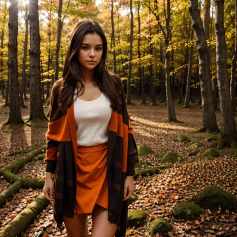 a twenty one year old young woman with dark brown hair, standing in a autumn season forest. She walk in the red and orange leafs trees during autumn, medium size chest, The full-body shot was taken from a distance, and the scene is covered in a blanket of ...