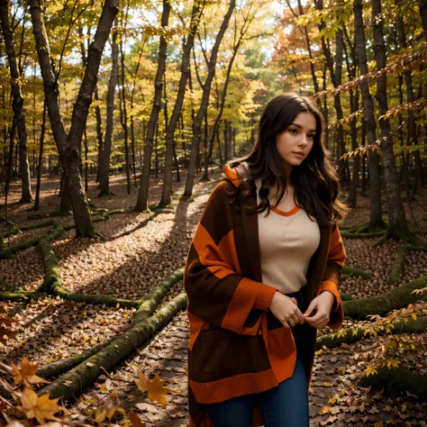 a twenty one year old young woman with dark brown hair, standing in a autumn season forest. She walk in the red and orange leafs trees during autumn, medium size chest, The full-body shot was taken from a distance, and the scene is covered in a blanket of ...