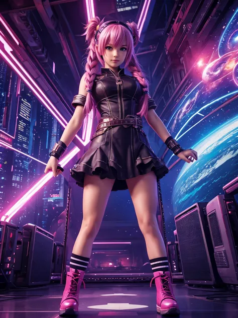 high resolution, best quality, masterpiece, very high image quality, ultra-detailed, hyperrealistic, 3d, anime, illustrations, fantasy, hard rock girl, very beautiful cute, pink wavy hair, side braid, miniskirt, knee high socks, engineer boots, background ...