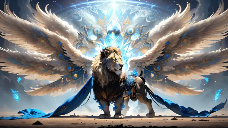  a close up of a lion with wings and a blue cape, epic symmetric fantasy art , black lion with peacock wings , Majestic wings, Highly detailed 4k digital art, Ofanim has bird wings,  being ethereal angelic light , enormous feathered wings,  4k fantasy art ...