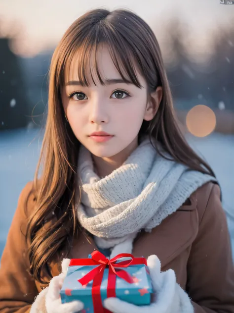 (Close-up face shot of one slender small breasts red brown wavy long hair with dull bangs girl in a winter long coat and  scarf:1.5)、(One girl is turn around with holding  a gift box with gloves in hand with sad face:1.5)、(Very beautiful Christmas illumina...