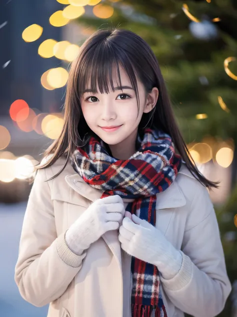 (Close-up face shot of one slender small breasts half up brown long hair with bangs girl in a winter long coat and scarf:1.5)、(One girl is holding a gift box with gloves in hand with small smile:1.5)、(Very beautiful Christmas illumination:1.5)、(Heavy snow...