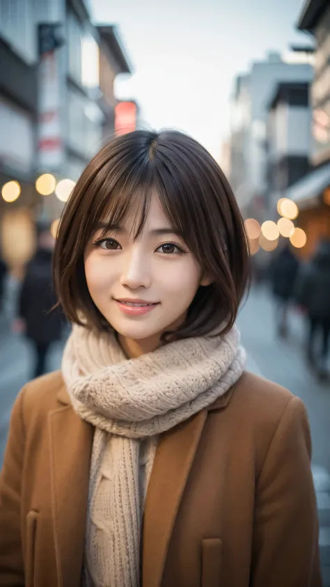 highest quality、genuine、Super detailed、finely、High resolution、8k wallpaper、one beautiful japanese woman Walking  through the scramble intersection.、light brown disheveled hair、sharp focus、perfect dynamic composition、beautiful and detailed eyes、thin short h...