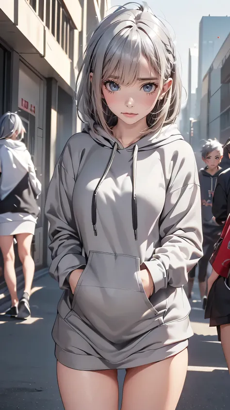   movie poster with a young woman as the protagonist、 (Silver_hair, dark gray_hair,two-tone_hair:1.4)、( short bob:1.2)、(Clear Silver Eyes 1 .3)Glare、 Her face has a fixed expression  ,(Plain ash gray hoodie:1.5)、(black simple background 1 .4)、Rough, With d...