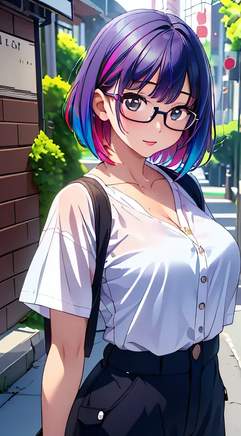 (Glasses girl),(Rainbow Hair、 WOMAN WITH COLORFUL HAIR :1.3),(Shiny bob cut hair), hair ornament, natural makeup,((( dowel cargo pants :1.3,oversized workwear :1.3))),Field Work Site,(Chest slip), (detailed clothing features,Detailed hair features, detaile...