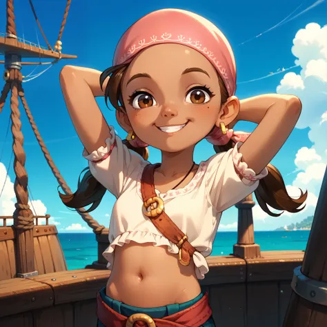 1girl, dark skin, brown hair, brown eyes, twintails, bandana, earring, visible belly button, short stature, belly button close u...