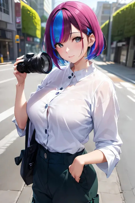 (Glasses girl),(Rainbow Hair、 WOMAN WITH COLORFUL HAIR :1.3),(Shiny bob cut hair), hair ornament, natural makeup,((( dowel cargo pants :1.3,oversized workwear :1.3))),Field Work Site,(Chest slip), (detailed clothing features,Detailed hair features, detaile...