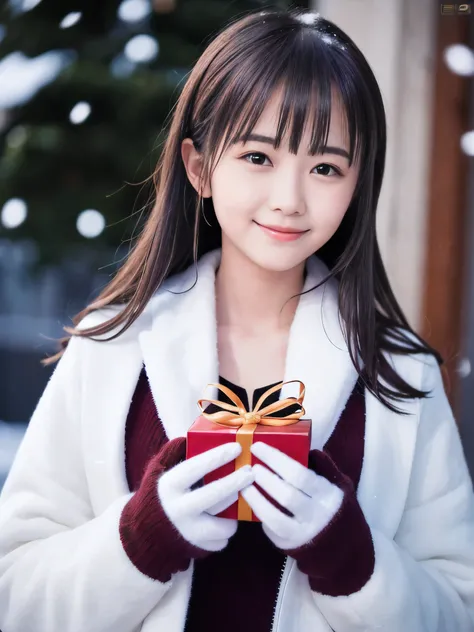 (Close-up face shot of one slender small breasts half up brown long hair with bangs girl in a winter long coat and  scarf:1.5)、(One girl is holding a gift box with gloves in hand with small smile:1.5)、(Very beautiful Christmas illumination:1.5)、(Heavy snow...