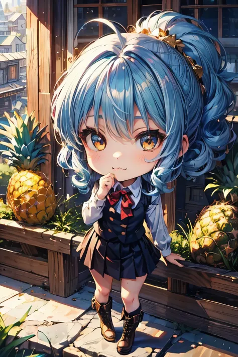 ( masterpiece、 fresh pineapple:1.3)、(anime moe、chibi body、 light blue hair color , short chignon hair、 curly hair、 a clear face ...