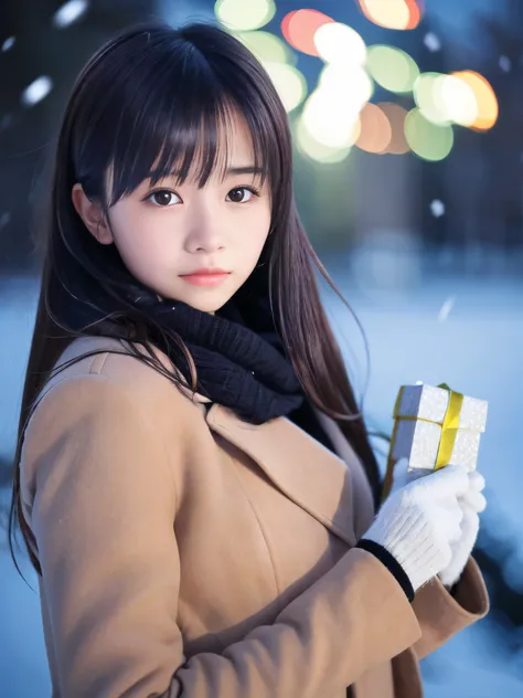 (Close-up face shot of one slender small breasts half up brown long hair with bangs girl in a winter long coat and scarf:1.5)、(One girl is turn around with holding  a gift box with gloves in hand with sad face:1.5)、(Very beautiful Christmas illumination:1....