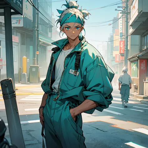 1male, young teen, tan skin, finely detailed aqua eyes, messy top bun, seashell white hair color, blue color hair highlights, wild medium hair, mechanic jumpsuit, headband, baggy pants, standing on street, day time, tokyo streets, calm expression, muscular...