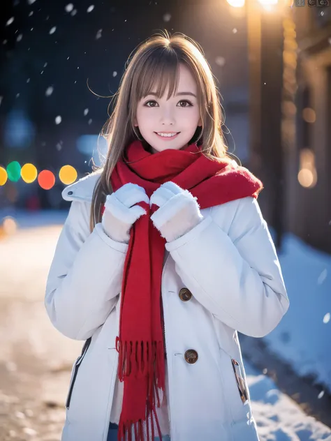 (Close-up face shot of one slender small breasts half up blonde long hair with bangs girl in a winter white long coat and red scarf:1.5)、(One blonde hair girl is holding a gift box with gloves in hand with small smile:1.5)、(Very beautiful Christmas illumin...