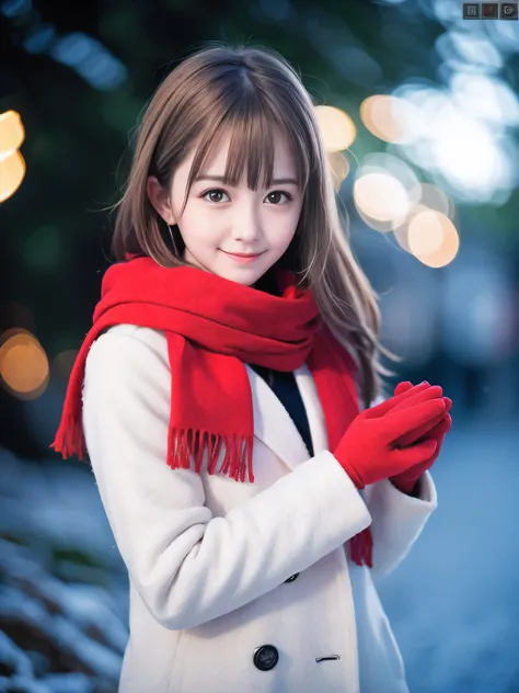 (Close-up face shot of one slender small breasts half up blonde long hair with bangs girl in a winter white long coat and red scarf:1.5)、(One blonde hair girl is holding a gift box with gloves in hand with small smile:1.5)、(Very beautiful Christmas illumin...