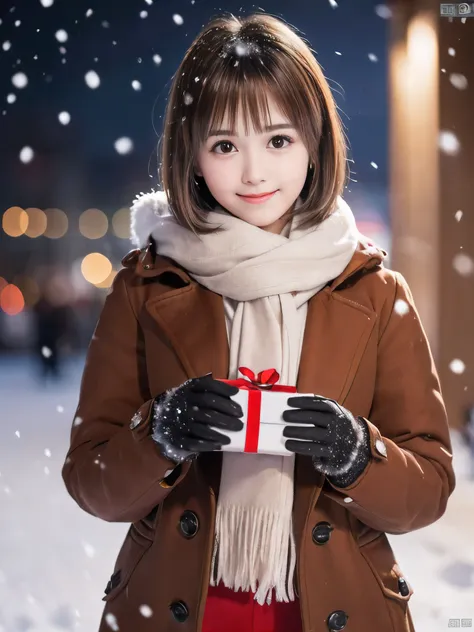 (Close-up face shot of one slender small breasts round face brown short hair with bangs girl in a winter long coat and  scarf:1.5)、(One girl is holding a gift box with gloves in hand with small smile:1.5)、(Very beautiful Christmas illumination:1.5)、(Heavy ...